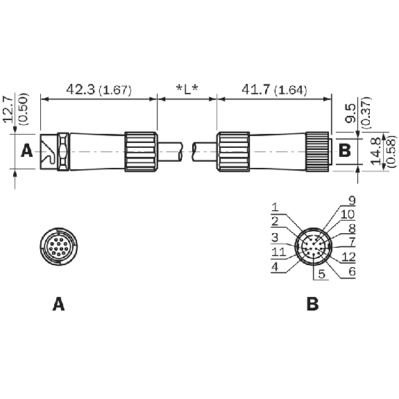 M12 Fem Droit 12p/M12 Mâle Droit 12p; Blindé PVC 12 fils 10m; RS-422 - YFHRSB-100XXXMHRSB-Lire la description