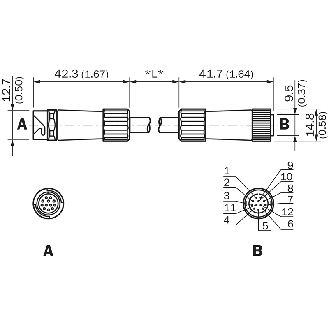 M12 Fem Droit 12p/M12 Mâle Droit 12p; Blindé PVC 12 fils 10m; RS-422 - YFHRSB-100XXXMHRSB-Lire la description