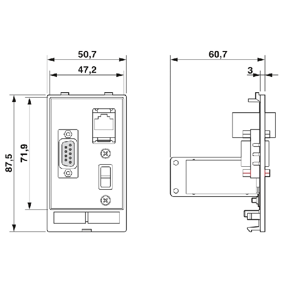 Plaque frontale avec 1×RJ45 F/F, 1xUSB type A F/F, 1x D-SUB 9 F/F - SI-FP-R1A-U1A-D1A-Lire la description