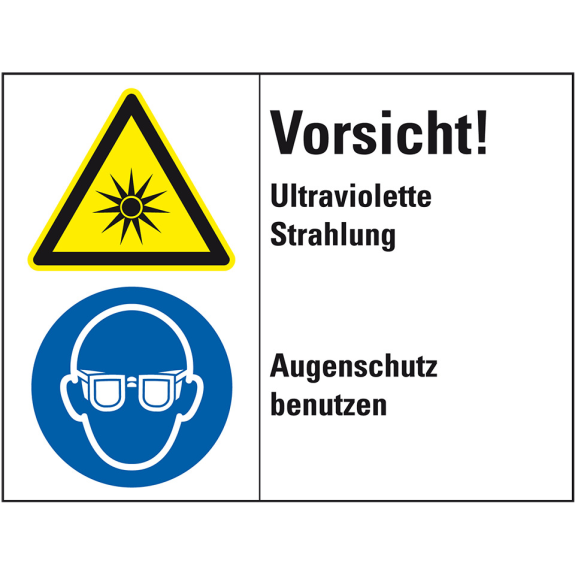 Kombischild Vorsicht! Ultraviolette Strahlung..., Folie, 200x150mm, ISO 3864-2-Leggi tutto