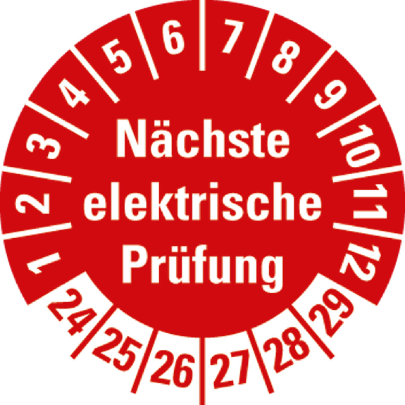Prüfplakette Nächste elektr. Prüfung,24-29,rot,Folie,selbstkl.,Ø 30mm,10/Bogen-Beschreibung lesen