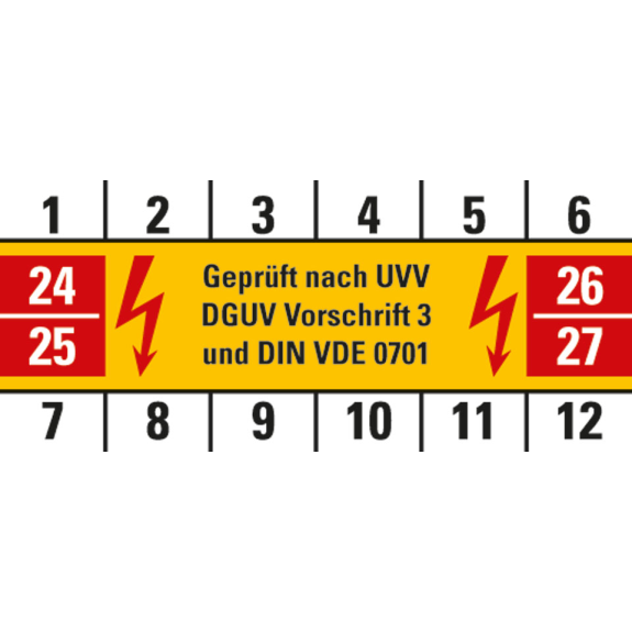 Prüfplakette Gepr.nach UVV DGUV Vor.3 und VDE 0701,24-27,Folie,18x42mm,10/Bogen-Beschreibung lesen