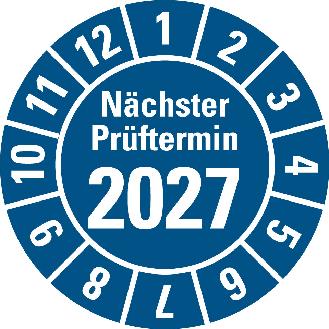 Prüfplakette Nächster Prüftermin 2027,blau,Folie,selbstkl.,Ø 30mm,10/Bogen-Beschreibung lesen