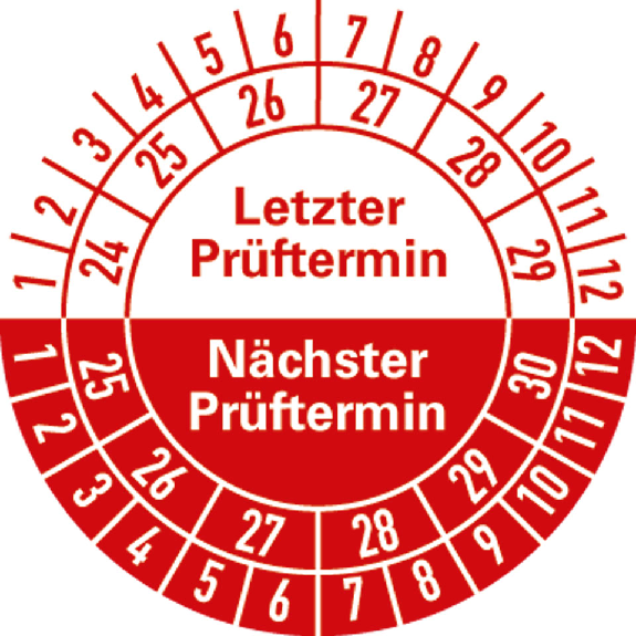 Prüfplakette LP 24-29/NP 25-30, rot, Folie, selbstklebend, Ø 30mm, 10/Bogen-Beschreibung lesen