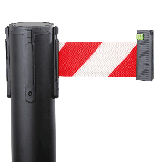 Gurtpfosten, schwarz, Stahl, Gurt rot/weiß schraffiert, 50mm, 4m, 11kg-Beschreibung lesen