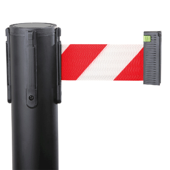 Gurtpfosten, schwarz, Stahl, Gurt rot/weiß schraffiert, 50mm, 4m, 11kg Gurtpfosten, schwarz, Stahl, Gurt rot/weiß schraffiert, 50mm, 4m, 11kg-Beschreibung lesen