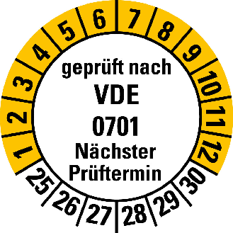 Mehrjahresprüfplakette gepr.nach VDE 0701 NP,25-30,weiß/gelb,Folie,20mm,10/Bogen-Beschreibung lesen
