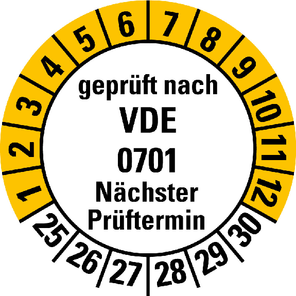 Mehrjahresprüfplakette gepr.nach VDE 0701 NP,25-30,weiß/gelb,Folie,20mm,10/Bogen Mehrjahresprüfplakette gepr.nach VDE 0701 NP,25-30,weiß/gelb,Folie,20mm,10/Bogen-Beschreibung lesen