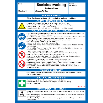 Maschinenbetriebsanweisung Drehmaschinen, Kunststoff, 210x297mm, ASR A1.3, DIN EN ISO 7010-Beschreibung lesen