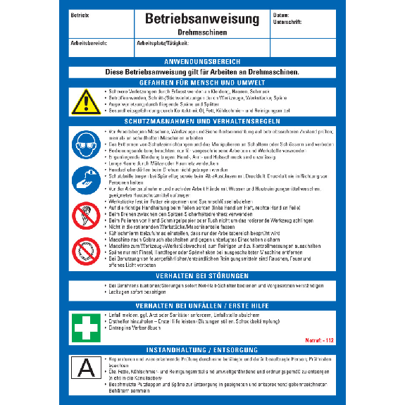 Maschinenbetriebsanweisung Drehmaschinen, Kunststoff, 210x297mm, ASR A1.3, DIN EN ISO 7010-Leggi tutto