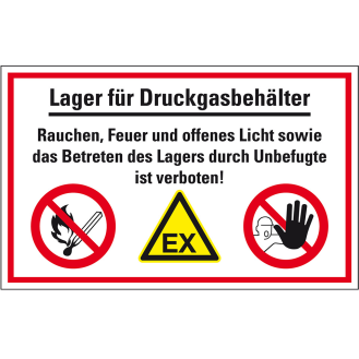 Hinweis-Kombischild Lager für Druckgasbehälter...! Kunststoff, 300x200mm-Beschreibung lesen