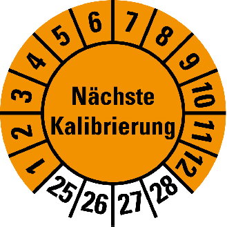 Prüfplakette Nächste Kalibrierung,25-28,orange,Folie,selbstkl.,Ø 20mm,10/Bogen-Beschreibung lesen