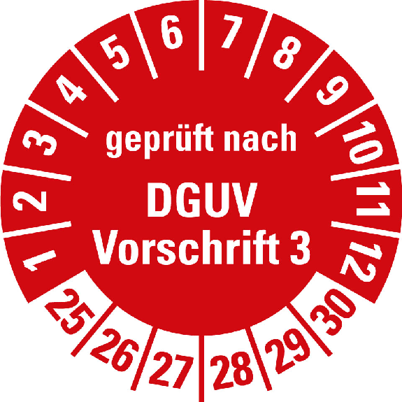 Prüfplakette geprüft nach DGUV 3,25-30,rot,f.Kunststoffoberfl.,Ø 20mm,10/Bogen-Beschreibung lesen
