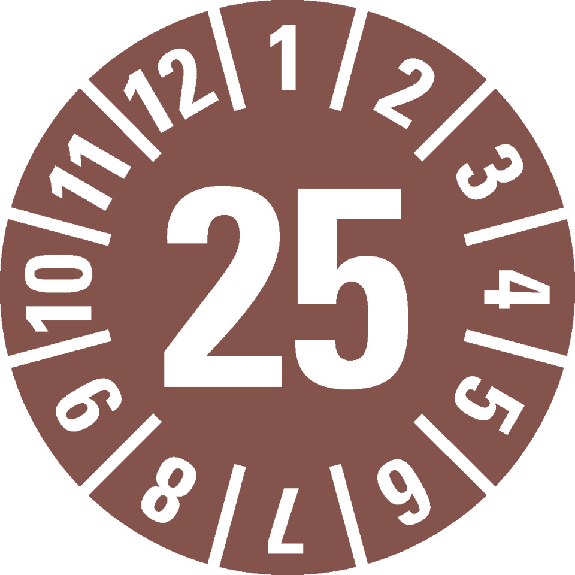 Prüfplakette 25, braun, Cellulose-Folie, selbstklebend, Ø 30mm, 18/Bogen Prüfplakette 25, braun, Cellulose-Folie, selbstklebend, Ø 30mm, 18/Bogen-Beschreibung lesen