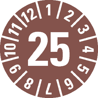 Prüfplakette 25, braun, Cellulose-Folie, selbstklebend, Ø 30mm, 18/Bogen-Beschreibung lesen