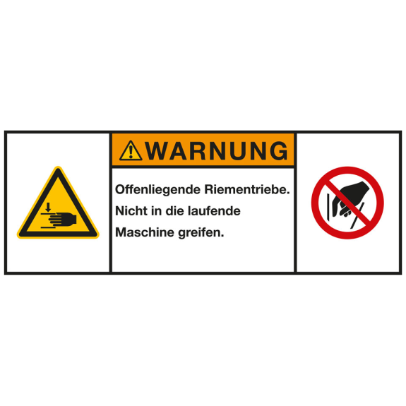 Produktsicherheitsschild Warnung Offenliegende Riemen, RoHS konform, Folie, 200x75mm, ISO 3864-2-Beschreibung lesen