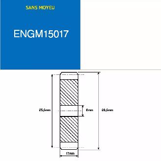 ENGM15017  17 Zähne  Modul: 1,5  Teilungsdurchmesser: 25,5 mm  Außendurchmesser: 28,5 mm  Zahnbreite: 17 mm-Beschreibung lesen