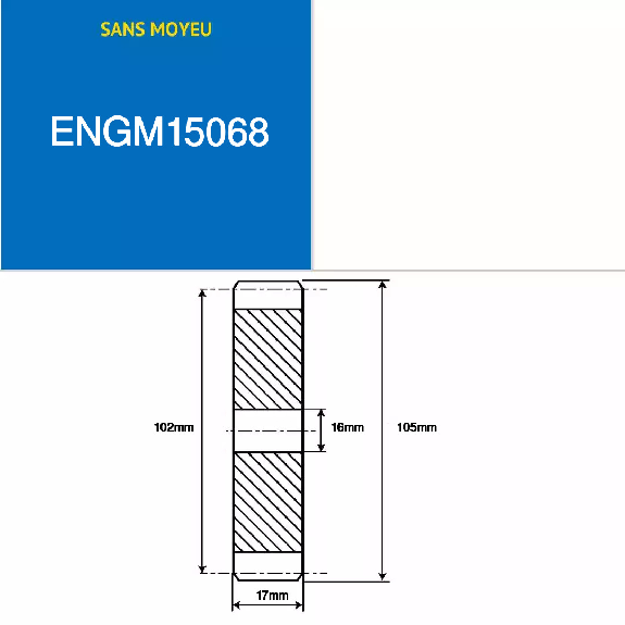 ENGM15068 - 68 dientes - Módulo: 1,5 - Diámetro de paso: 102mm - Diámetro exterior: 105mm - Ancho de diente: 17mm ENGM15068 - 68 dientes - Módulo: 1,5 - Diámetro de paso: 102mm - Diámetro exterior: 105mm - Ancho de diente: 17mm-Leer más