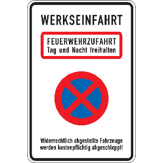 Kombischild Werkseinfahrt Feuerwehrzufahrt..., Aluminium RA1, reflektierend, 600x900mm, DIN 67520, nach StVO-Beschreibung lesen