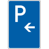 Parkplatzschild mit Pfeil links, Aluminium RA0, reflektierend, 600x900mm, DIN 67520