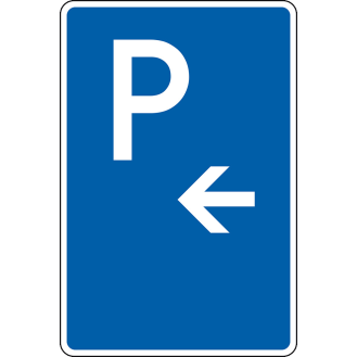 Parkplatzschild mit Pfeil links, Aluminium RA0, reflektierend, 600x900mm, DIN 67520-Beschreibung lesen