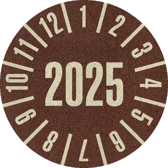 Prüfplakette 2025, braun, Primärfaser-Graspapier, Ø 30mm, 18/Bogen-Beschreibung lesen