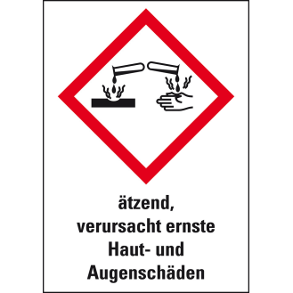 Gefahrensymbol Ätzwirkung GHS 05, ätzend, verursacht..., Folie, 37x26mm, 12/Bogen, GHS-Verordnung-Beschreibung lesen