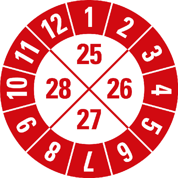 Prüfplakette, Jahresbereich 25-28, rot/weiß, Folie, selbstkl., Ø 30mm, 10/Bogen-Beschreibung lesen