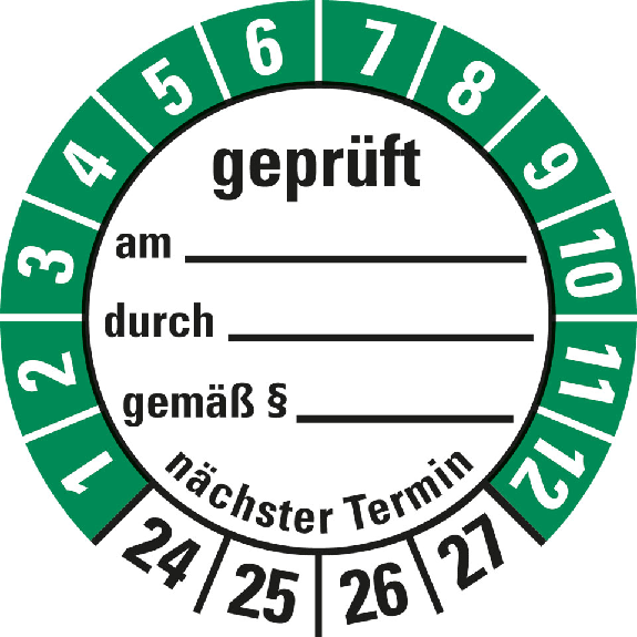 Prüfplakette geprüft am,durch,nä. Termin,24-27,weiß/grün,Folie,Ø 30mm,10/Bogen Prüfplakette geprüft am,durch,nä. Termin,24-27,weiß/grün,Folie,Ø 30mm,10/Bogen-Beschreibung lesen