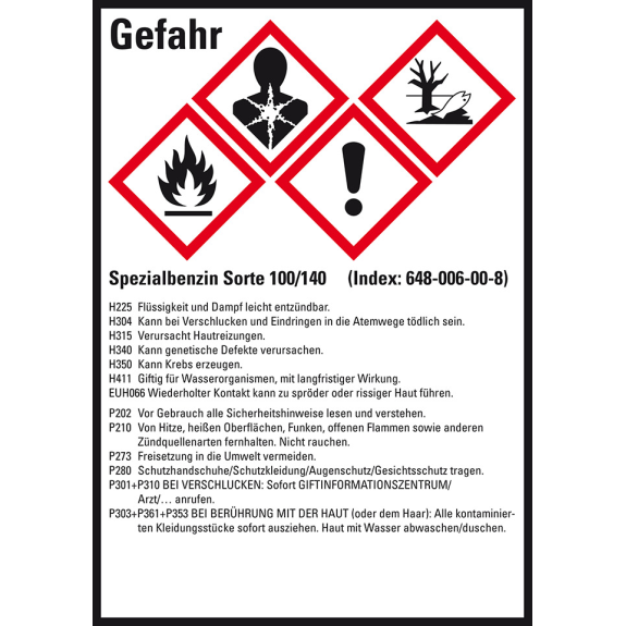 GHS-Etikett Sp.benzin Sorte 100/140, GefStoffV/GHS/CLP, Folie, 52x74mm, 10/Bogen-Beschreibung lesen