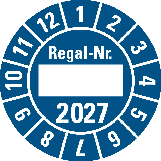 Prüfplakette Regal Nr.,2027, Beschriftungsfeld,blau,Folie,Ø 30mm,10/Bogen-Beschreibung lesen