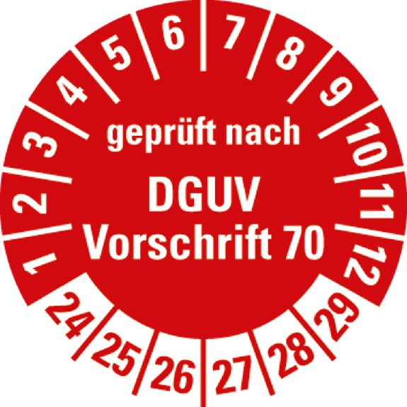 Prüfplakette gepr.n. DGUV Vorschrift 70,24-29,rot,Folie,selbst.,Ø 30mm,10/Bogen Prüfplakette gepr.n. DGUV Vorschrift 70,24-29,rot,Folie,selbst.,Ø 30mm,10/Bogen-Beschreibung lesen
