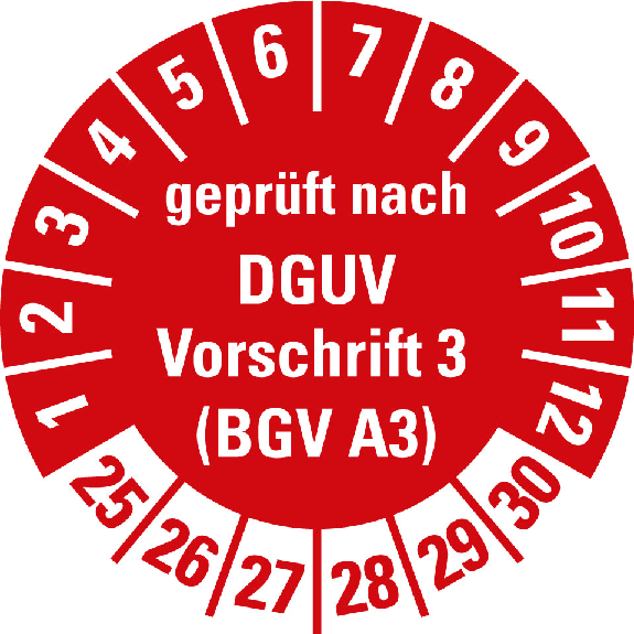 Prüfplakette gepr.n.DGUV Vor.3 (BGV A3),25-30,rot,Folie,selbst.,Ø 30mm,10/Bogen-Beschreibung lesen