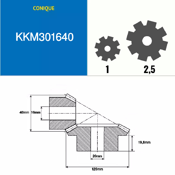 KKM301640 - 16/40 denti - Modulo: 3 - Diametro primitivo: 48mm - Diametro esterno: 56mm - Larghezza dente: 21,5mm-Leggi tutto