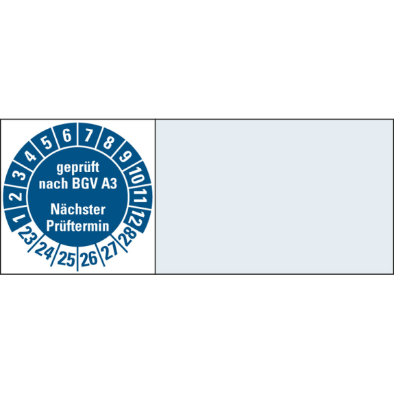 Kabelprüfplakette geprüft nach BGV A3 NP, 23-28, blau, Folie, 20x100mm, 8/Bogen Kabelprüfplakette geprüft nach BGV A3 NP, 23-28, blau, Folie, 20x100mm, 8/Bogen-Beschreibung lesen