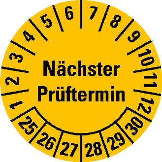 Prüfplakette Nächster Prüftermin 25-30, gelb, Folie, selbstkl., Ø30mm, 500/Rolle-Beschreibung lesen