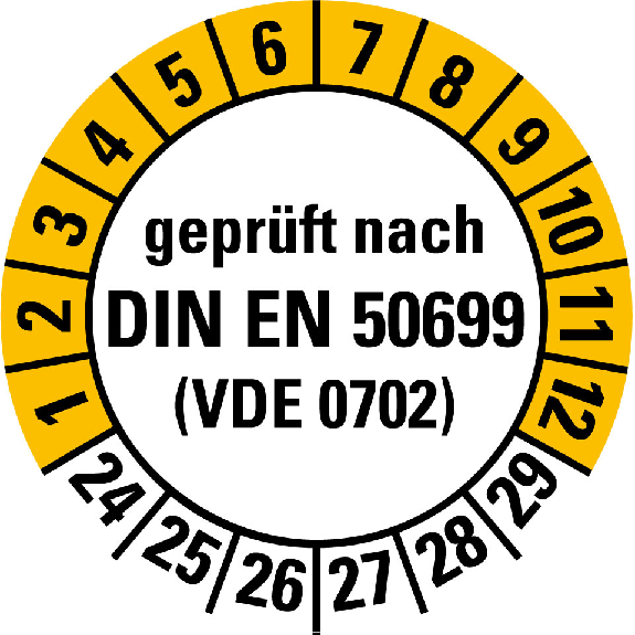 Prüfplakette gepr.n.DIN EN 50699 (VDE0702),24-29,weiß/gelb,Folie,Ø 20mm,10/Bogen-Beschreibung lesen
