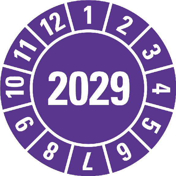 Prüfplakette 2029, violett, Folie, selbstklebend, Ø 15mm, 500/Rolle-Beschreibung lesen