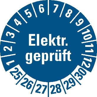 Prüfplakette Elektr.geprüft, 25-30, blau, Folie, selbstklebend, Ø20mm, 500/Rolle-Beschreibung lesen