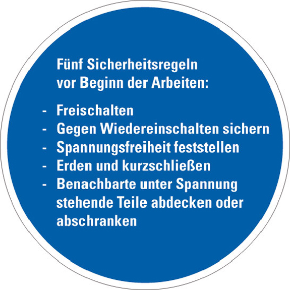 Hinweisschild Fünf Sicherheitsregeln, praxisbewährt, Resopal, Ø 200mm Hinweisschild Fünf Sicherheitsregeln, praxisbewährt, Resopal, Ø 200mm-Beschreibung lesen