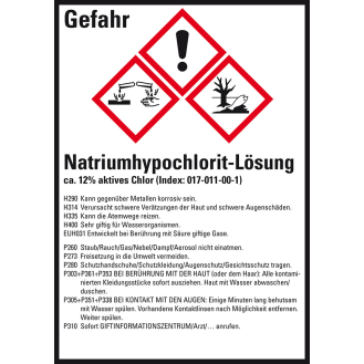 GHS-Etikett Natriumhypochlorit ca.12% akt.Chlor, GefStoffV/GHS/CLP,52x74mm, 10/Bogen-Beschreibung lesen