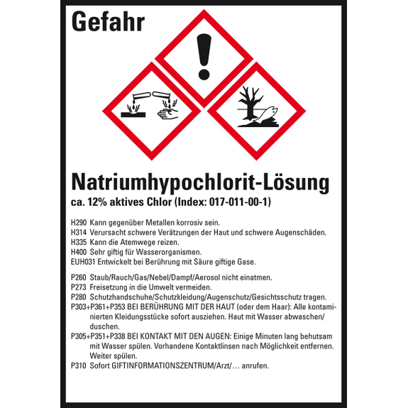 GHS-Etikett Natriumhypochlorit ca.12% akt.Chlor, GefStoffV/GHS/CLP,52x74mm, 10/Bogen-Beschreibung lesen