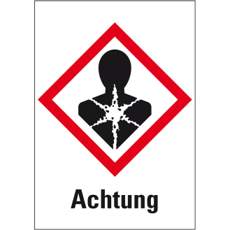 Gefahrensymbol Gesundheitsgefahr GHS 08, Achtung, Folie, 74x105mm, 500/Rolle, GHS-Verordnung-Beschreibung lesen