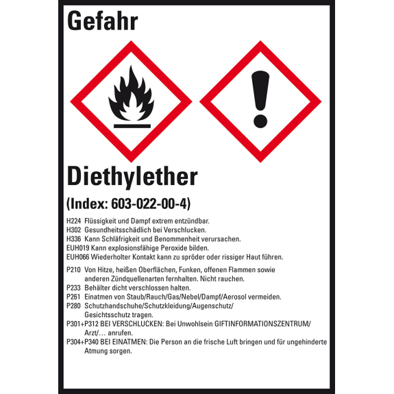 GHS-Etikett Diethylether, GefStoffV/GHS/CLP, Folie, 74x52mm, 10/Bogen-Beschreibung lesen
