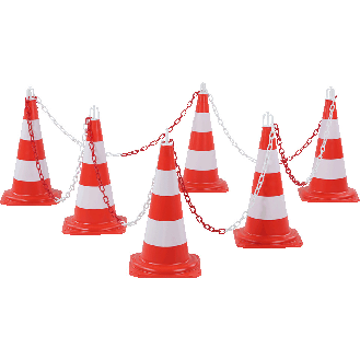 Leitkegel-Absperrset Medium, 6 Kegel, 6 Haken, 10m Kunststoffkette, rot/weiß-Beschreibung lesen
