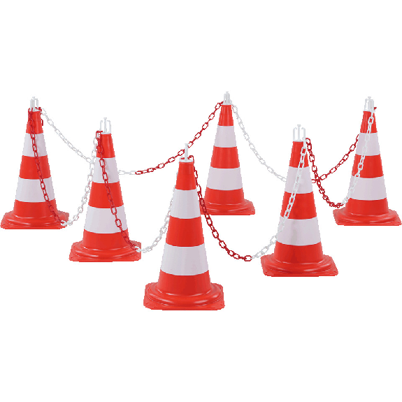 Leitkegel-Absperrset Medium, 6 Kegel, 6 Haken, 10m Kunststoffkette, rot/weiß Leitkegel-Absperrset Medium, 6 Kegel, 6 Haken, 10m Kunststoffkette, rot/weiß-Beschreibung lesen