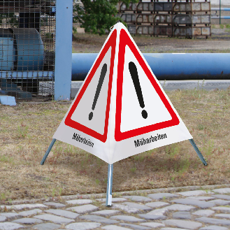 Faltsignal Mäharbeiten, 3-seitig, rot/weiß, SL 600mm-Beschreibung lesen