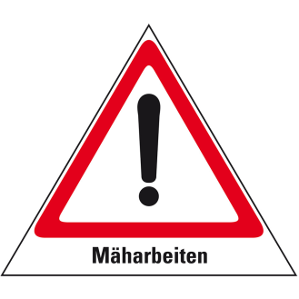Sicherheitsfaltzeichen für Mäharbeiten, 3-seitig, rot/weiß, SL 600 mm-Beschreibung lesen