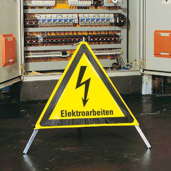 Faltsignal Elektroarbeiten, 3-seitig, gelb/schwarz, SL 600mm Faltsignal Elektroarbeiten, 3-seitig, gelb/schwarz, SL 600mm-Beschreibung lesen