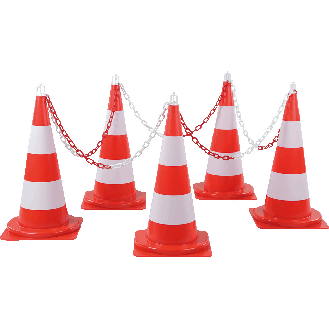 Leitkegel-Absperrset Maxi, 5 Kegel, 5 Haken, 10m Kunststoffkette, rot/weiß-Beschreibung lesen